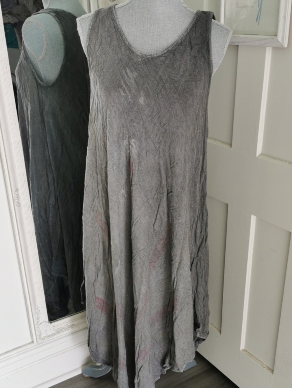 Papa Vancouver Lagenlook Boho Grey Crinkled Sharkbite Dress. One Size